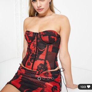 ASOS edikted red and black strapless corset crop top & skirt in red print